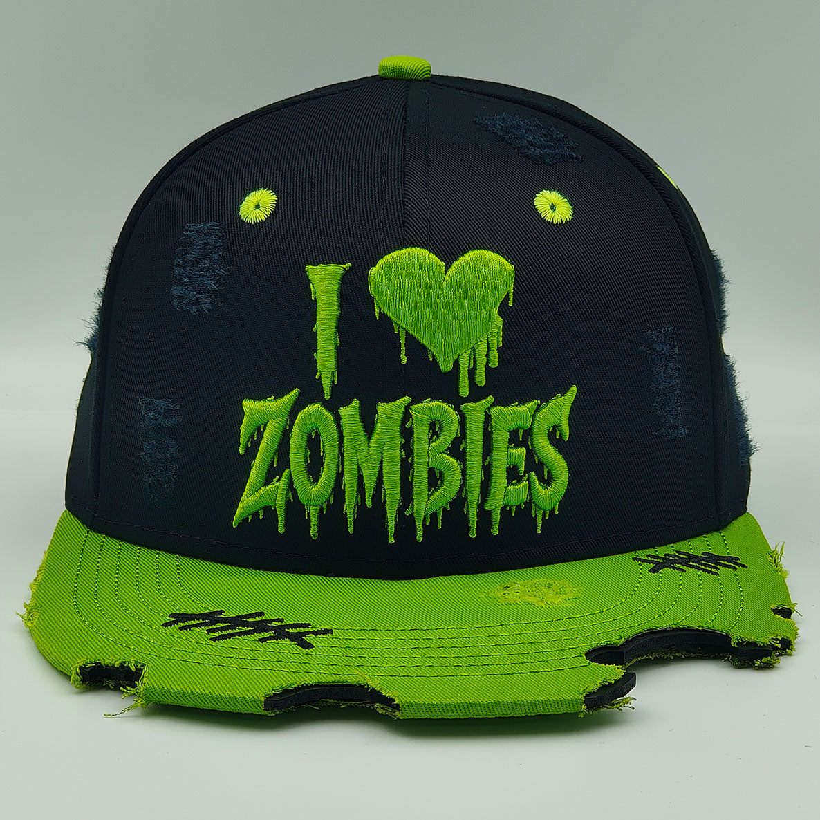 I Heart Zombies Distressed Snapback Cap – Neon Green & Black