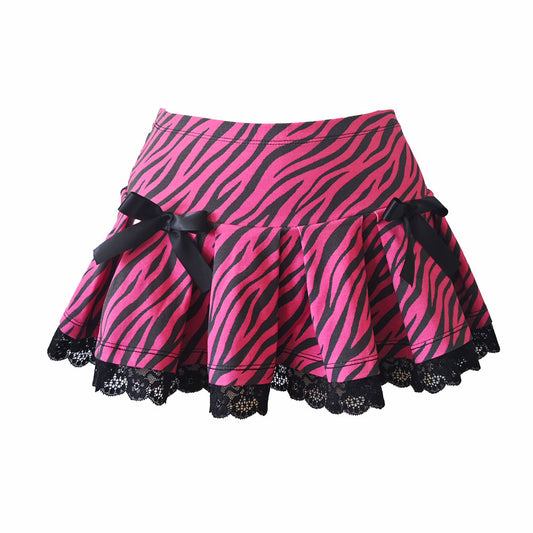 Hot Pink Zebra Lace Pleated Scene Mini Skirt – Black Bow Y2K Skirt