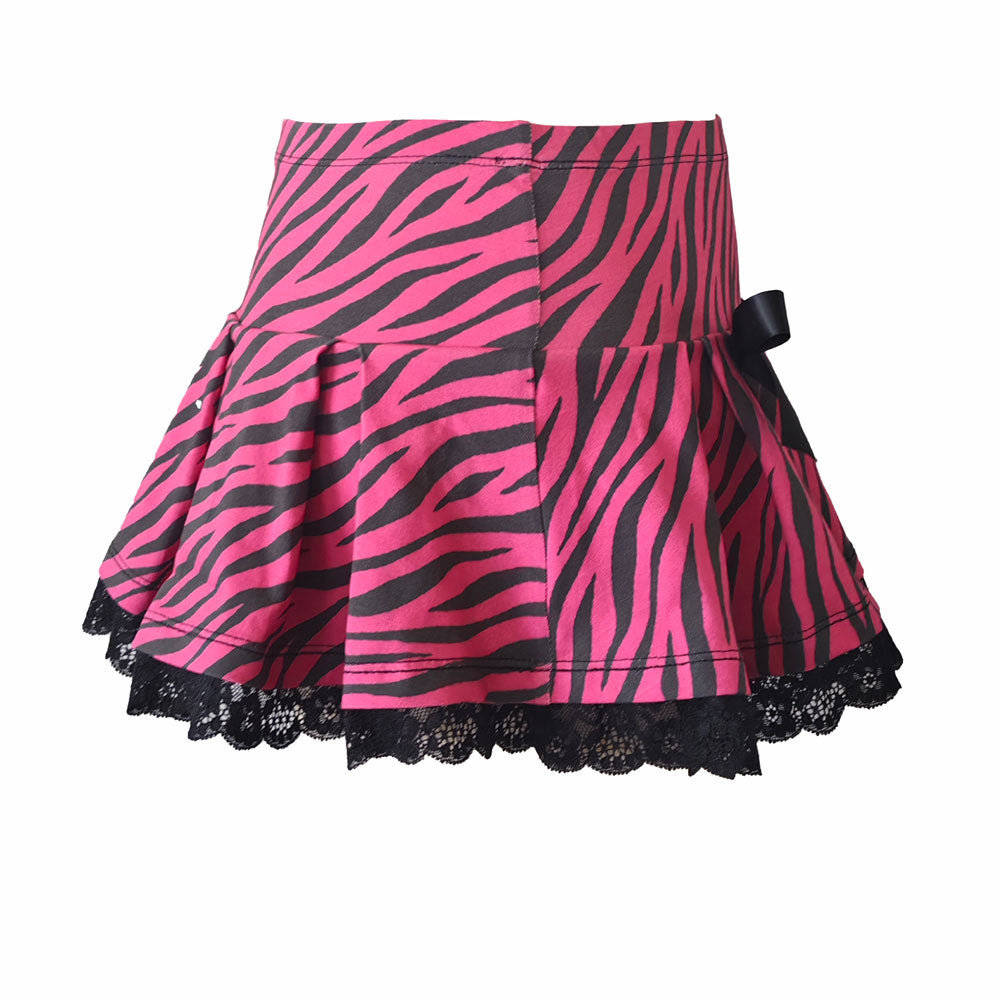 Hot Pink Zebra Lace Pleated Scene Mini Skirt – Black Bow Y2K Skirt