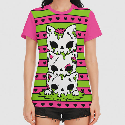 Zombie Cat Skull Women's Cotton T-Shirt PINK