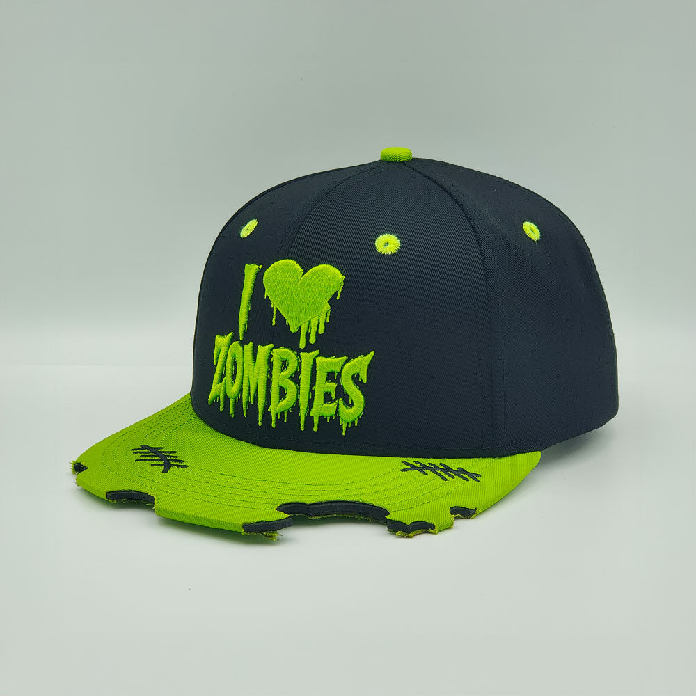 I Heart Zombies Distressed Snapback Cap – Neon Green & Black