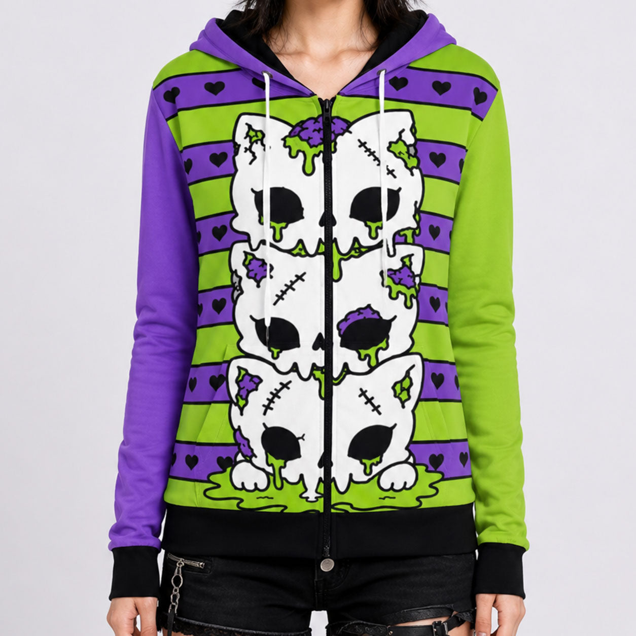 Zombie Kitty Stack Unisex Cotton Zip-Up Hoodie (XS–6XL)