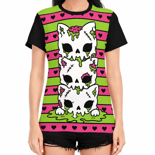 Zombie Cat Skull Women's Cotton T-Shirt PINK BLACK